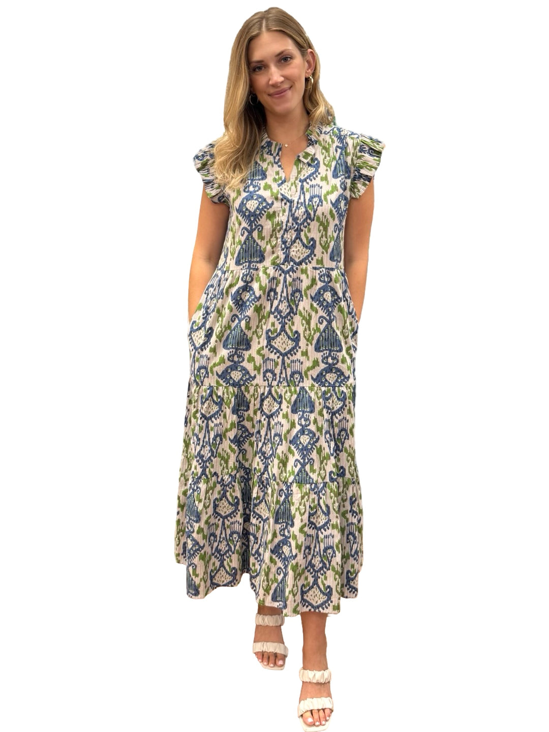 The Campbell Flutter Sleeve Dress in Blue Green Ikat — view 4