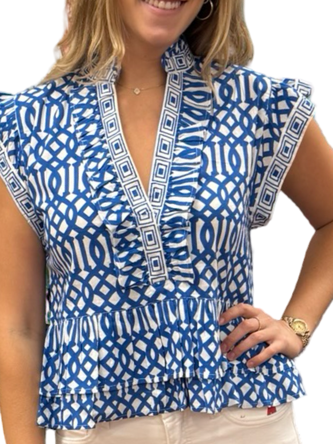 The Bella Ruffle Trim Top in Blue Trellis Cotton — view 3
