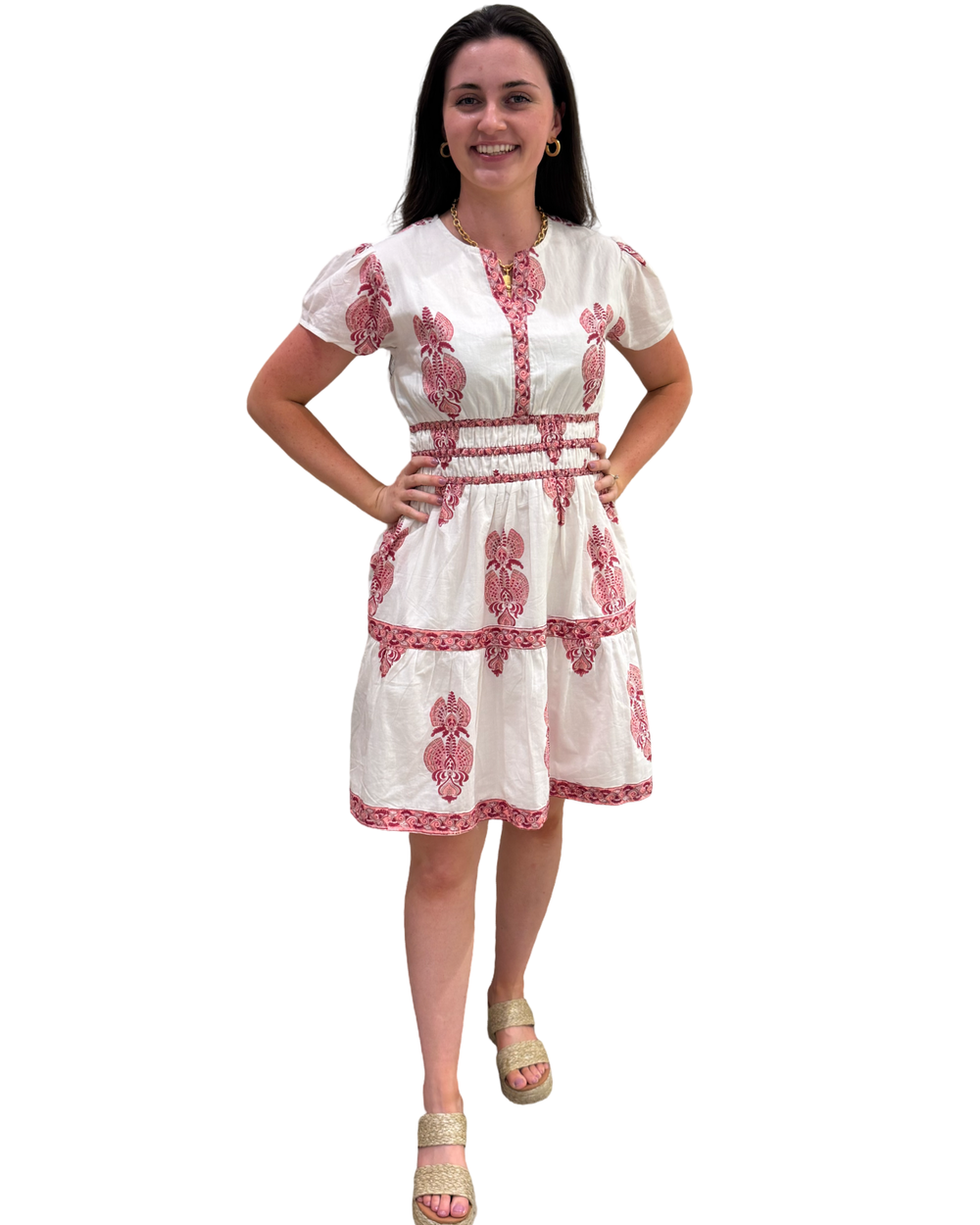 The Sydney Short Sleeve Hand Block Printed Dress in White Peach Pink Print — view 2