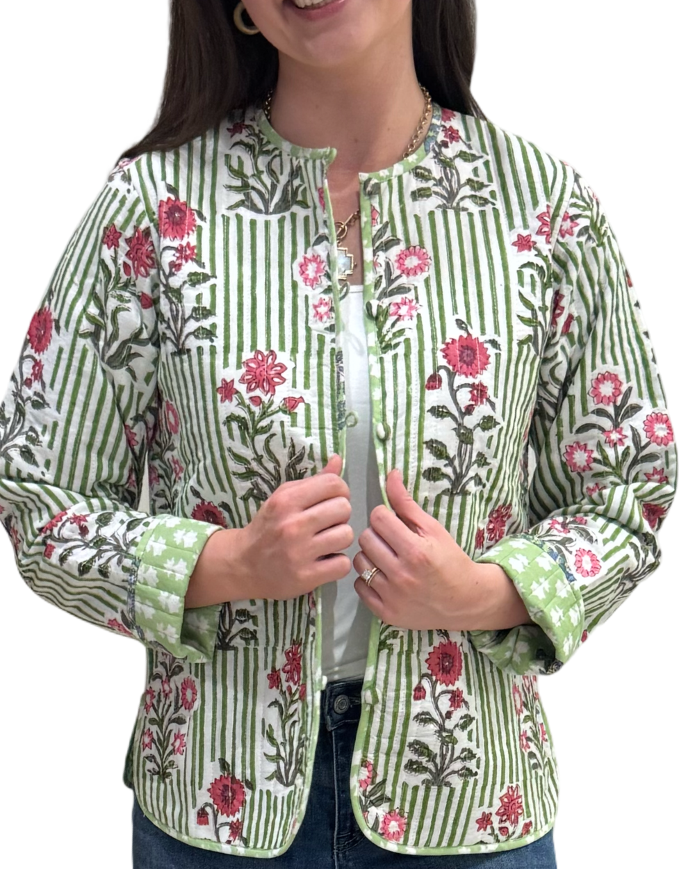 The Madeline Reversible Jacket in Green Hand-Block Striped Floral — view 2