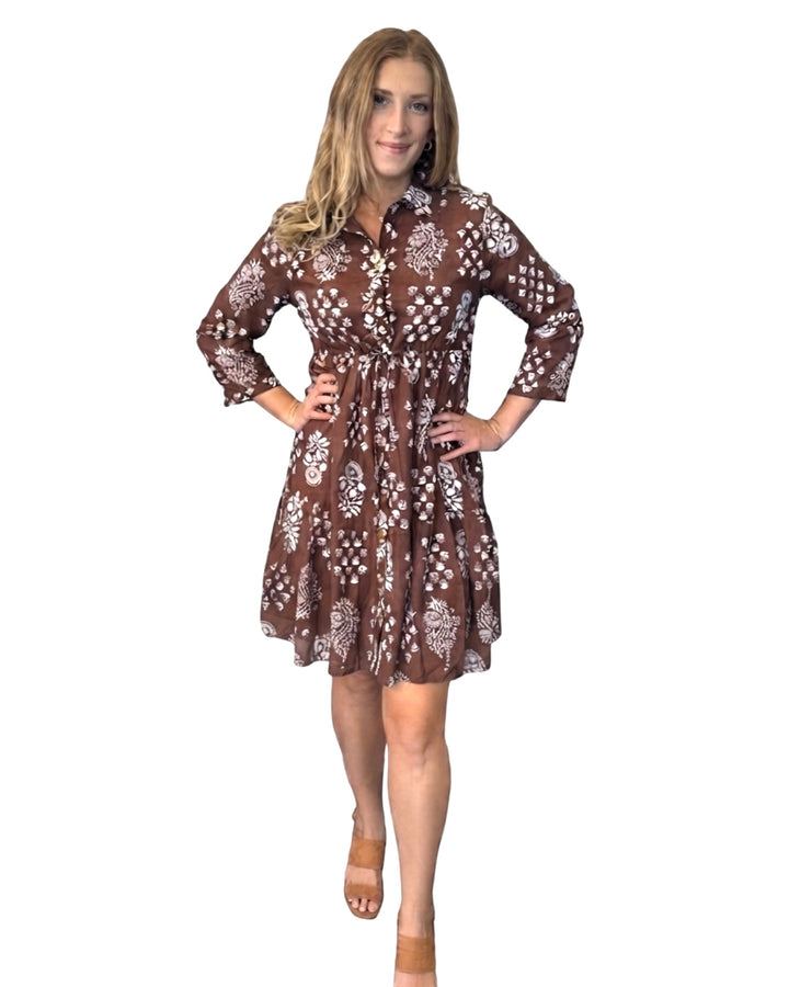 The Hamilton Cinch Waist Dress in Brown and White