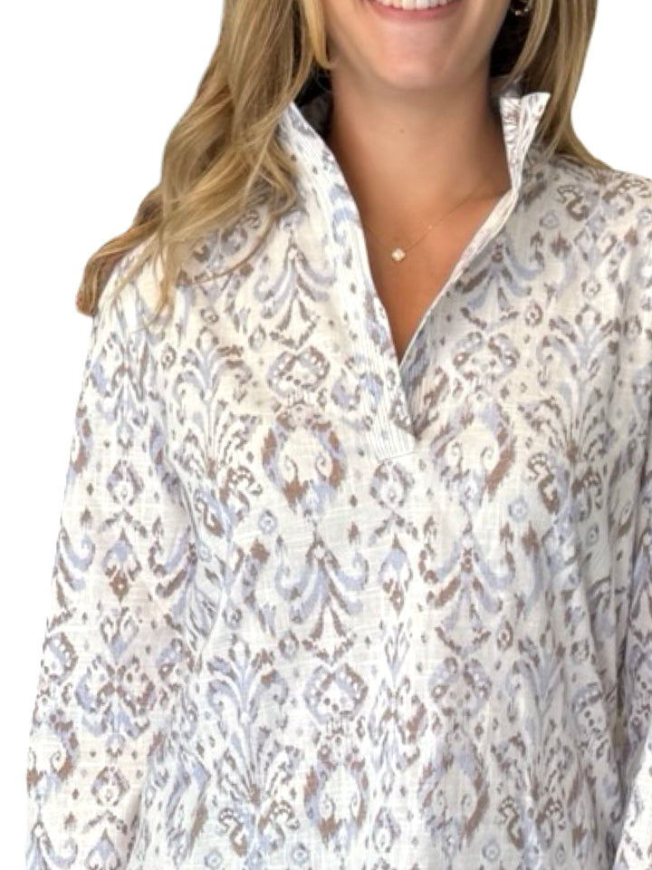 The Shipley Stand-Up Collar Top in Off White Blue and Brown Cotton Print — view 3