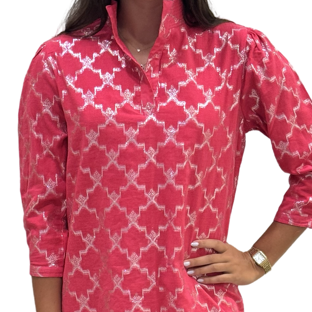 The Shipley Stand-Up Collar Dress in Hot Pink and Silver — view 4