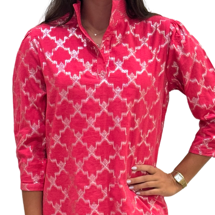 The Shipley Stand-Up Collar Dress in Hot Pink and Silver — view 4