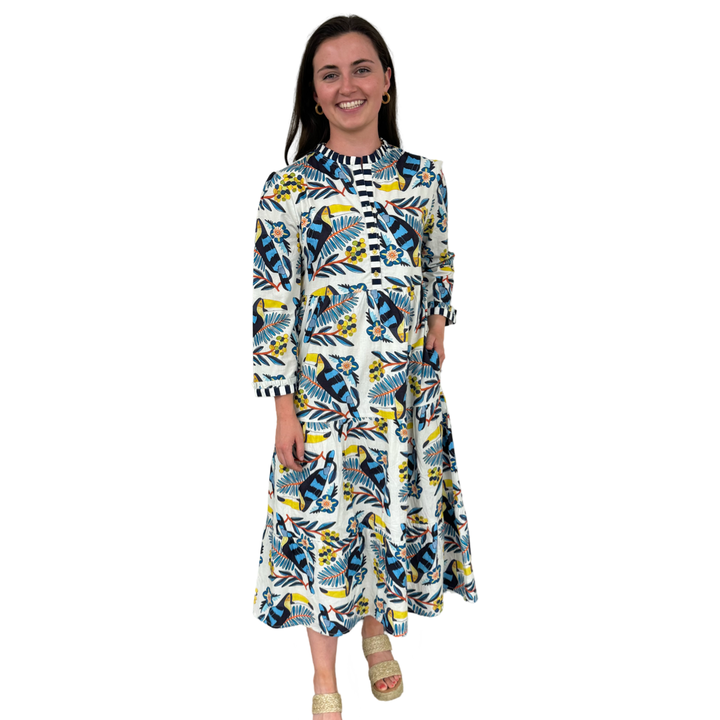 The Penny Toucan Print Midi Dress with Striped Trim — view 6