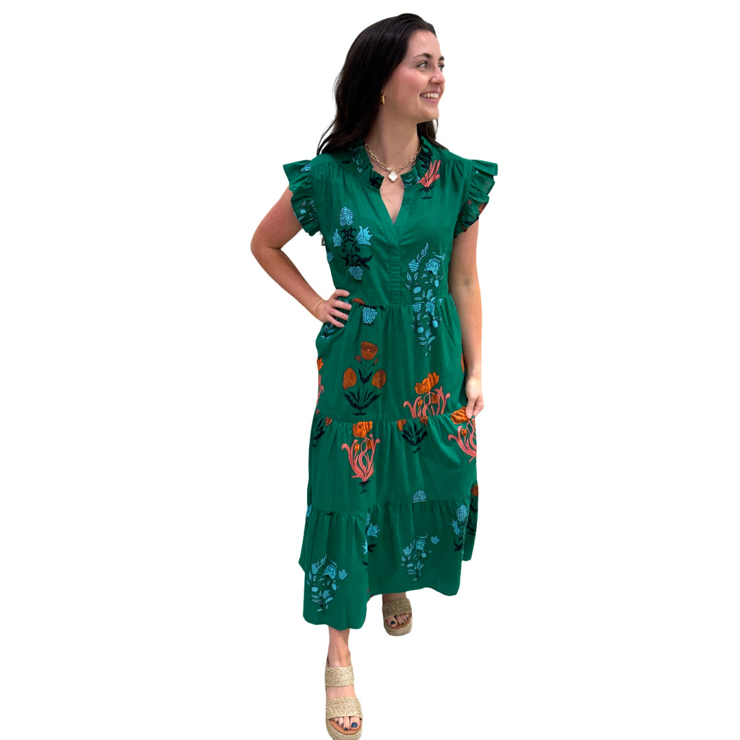 The Campbell Flutter Sleeve Dress in Emerald Green Floral — view 2