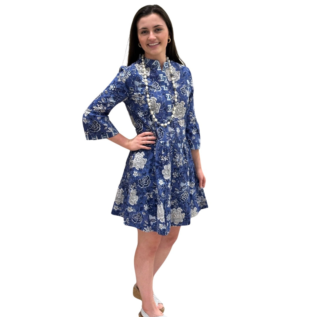 The Makayla Block Print Dress in Blue Floral — view 3