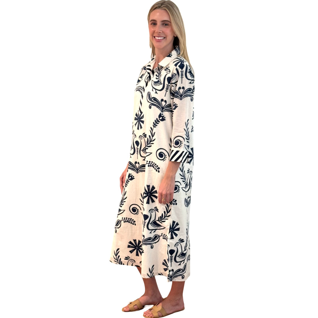 The Lisette Cotton Dress in White and Navy Bird Print — view 2