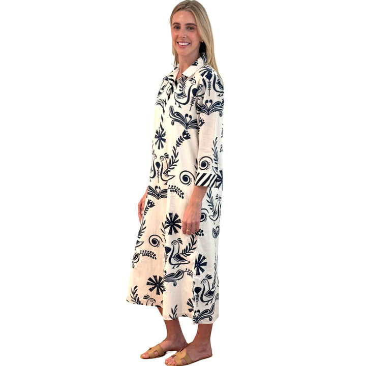 The Lisette Cotton Dress in White and Navy Bird Print — view 2