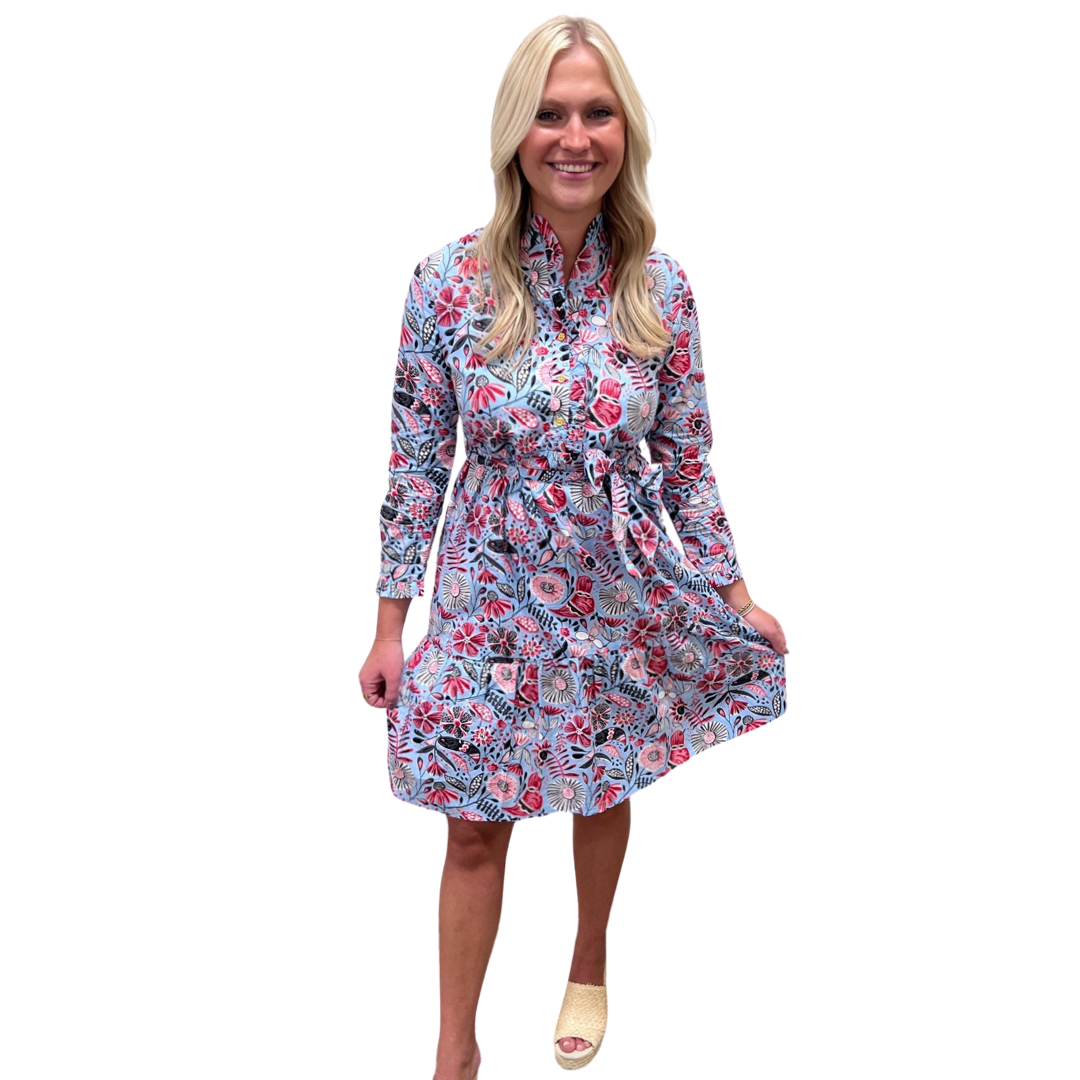 The Hampton Dress in Soft Blue Floral Bird Print — view 2
