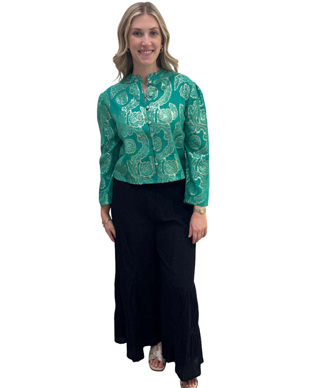 The Adelaide Button Front Jacket Top in Emerald and Gold — view 2