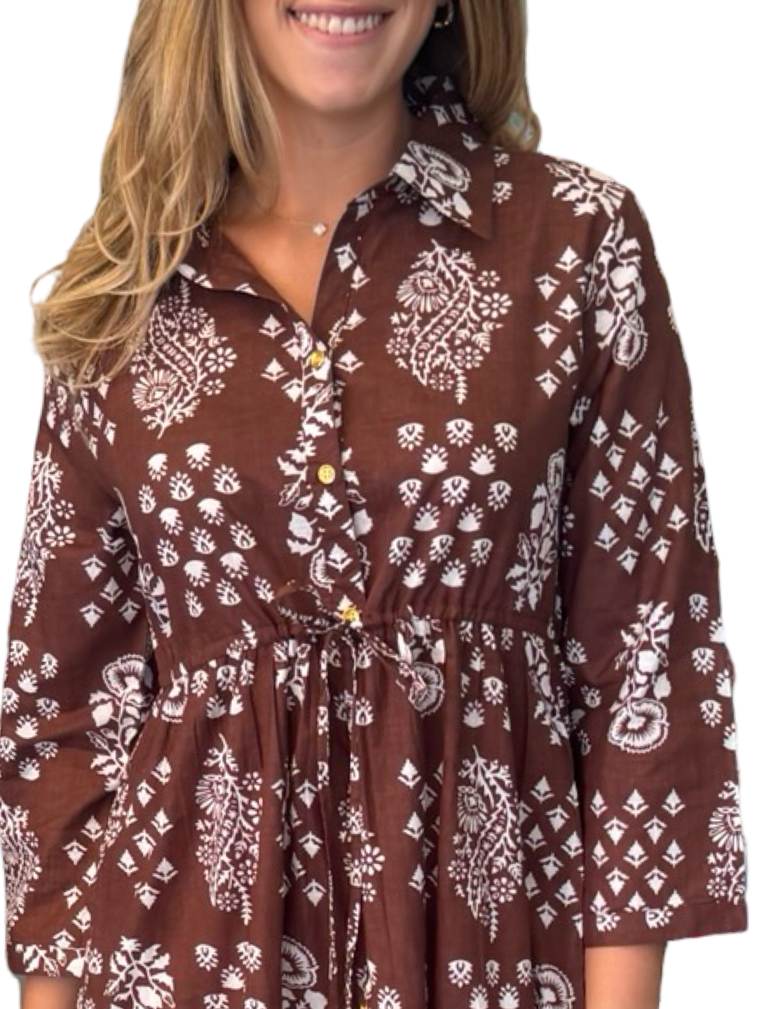 The Hamilton Cinch Waist Dress in Brown and White