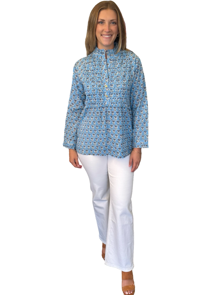 The Veronica Smocked Front Top in Light Blue Hand Block Printed Floral