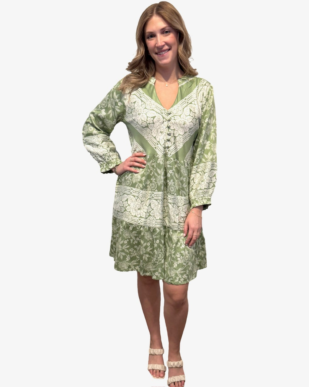 The Alexa Border Print Dress in Sage Green — view 2
