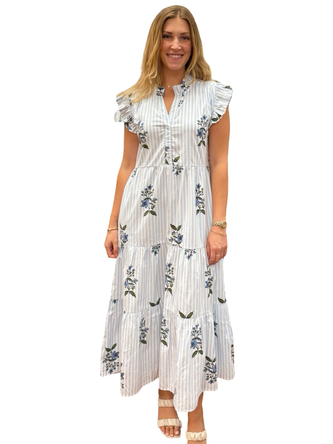 The Campbell Cotton Flutter Sleeve Dress in Light Blue Striped Floral — view 3