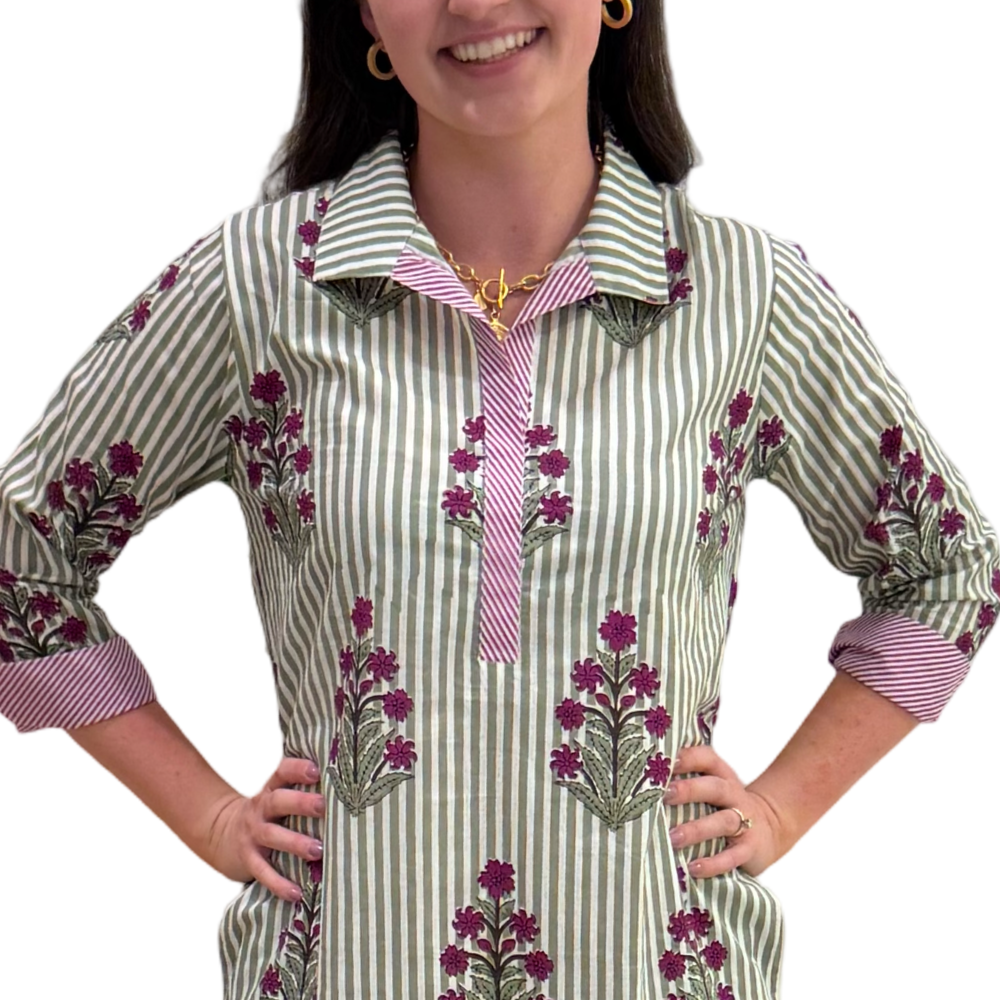 The Lisette Cotton Green Striped Floral Side Pocket Dress — view 5
