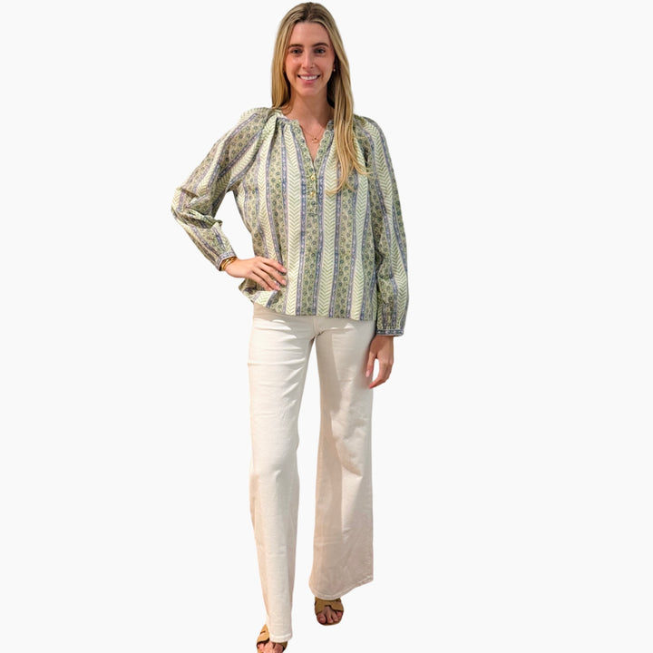 The Chandler Cotton Top in Light Green Hand Blocked Chevron Floral — view 3