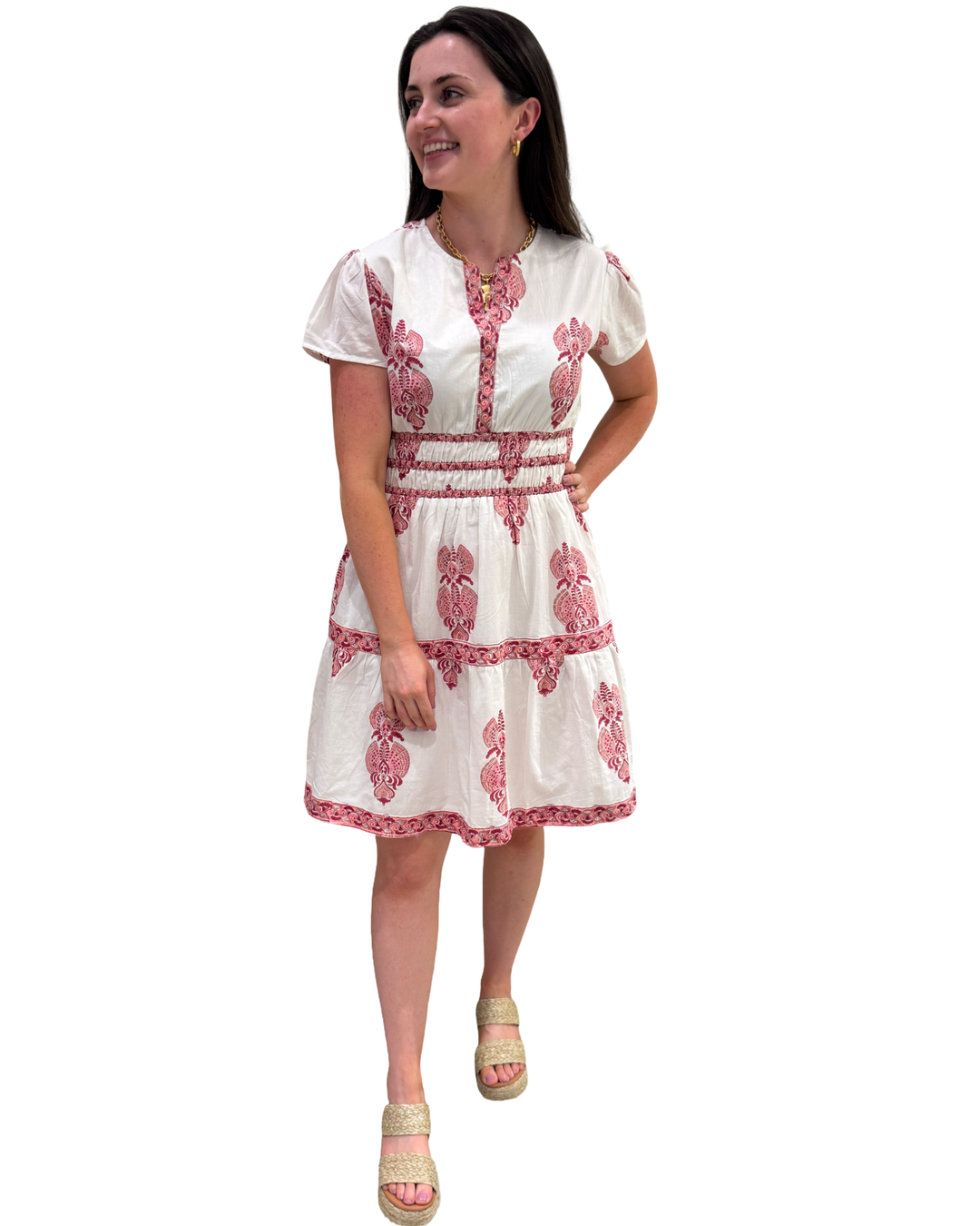 The Sydney Short Sleeve Hand Block Printed Dress in White Peach Pink Print — view 5