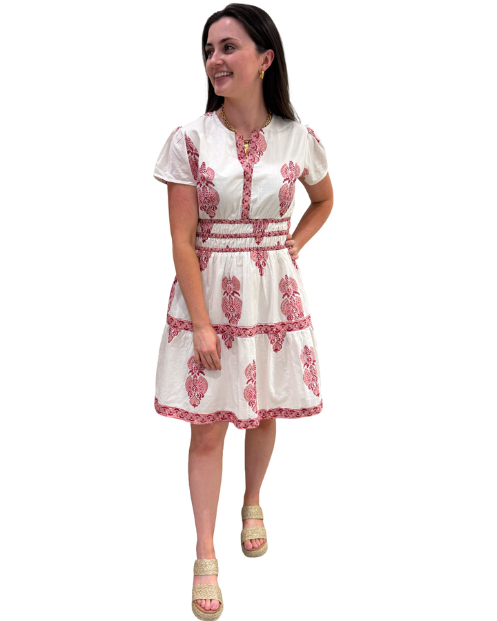The Sydney Short Sleeve Hand Block Printed Dress in White Peach Pink Print — view 5