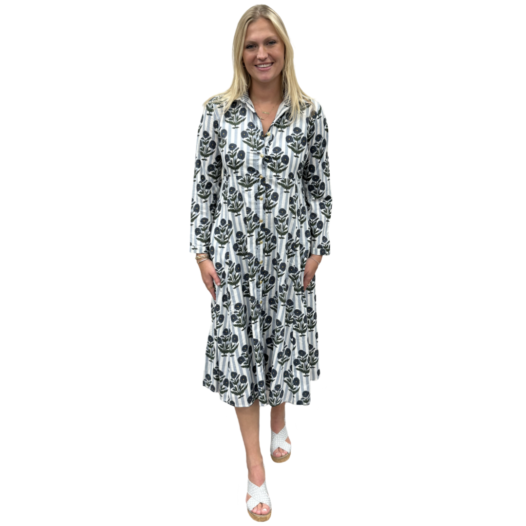 The Marion Cotton Hand Block Button Front Dress in Striped Slate Blue Floral — view 6