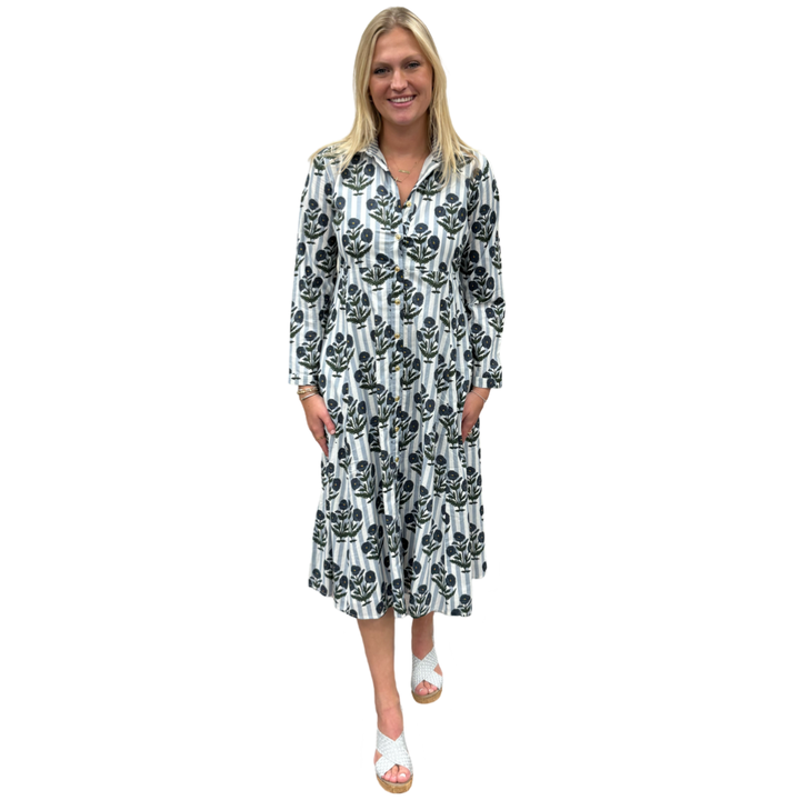 The Marion Cotton Hand Block Button Front Dress in Striped Slate Blue Floral — view 6