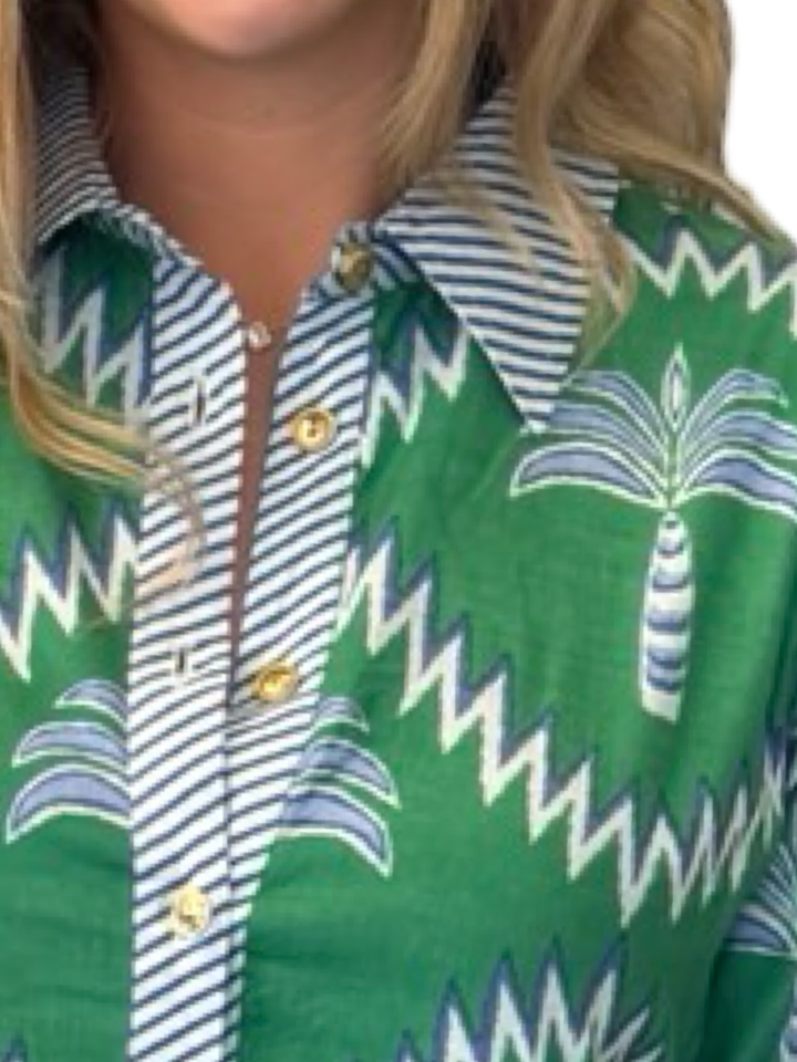 The Marion Button Front Dress in Green Blue Palm Print Cotton