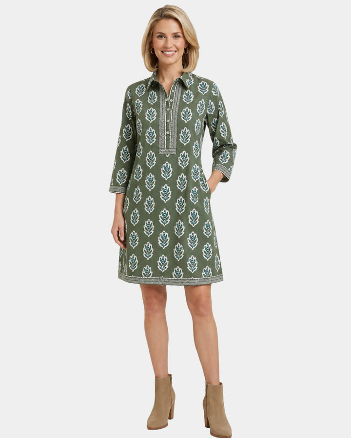 The Annika Cotton Hand Block Printed Dress in Army Green