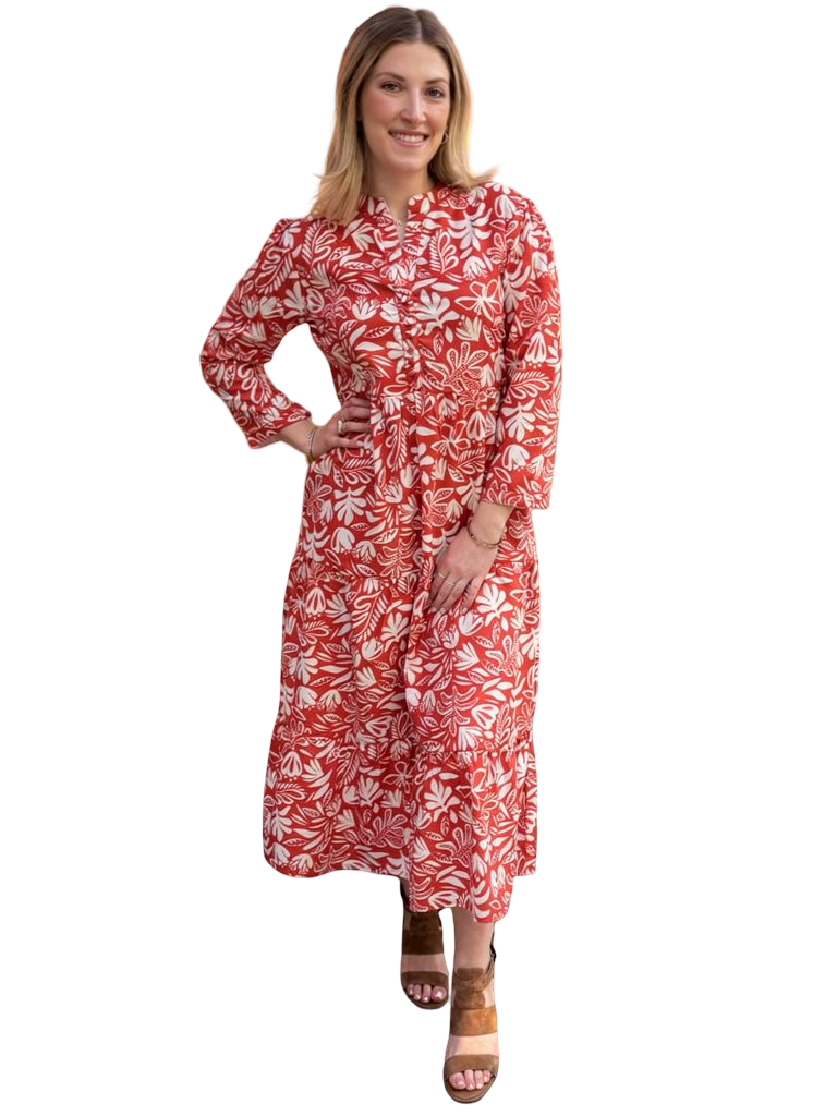The Addison Button Trimmed Dress in Deep Coral