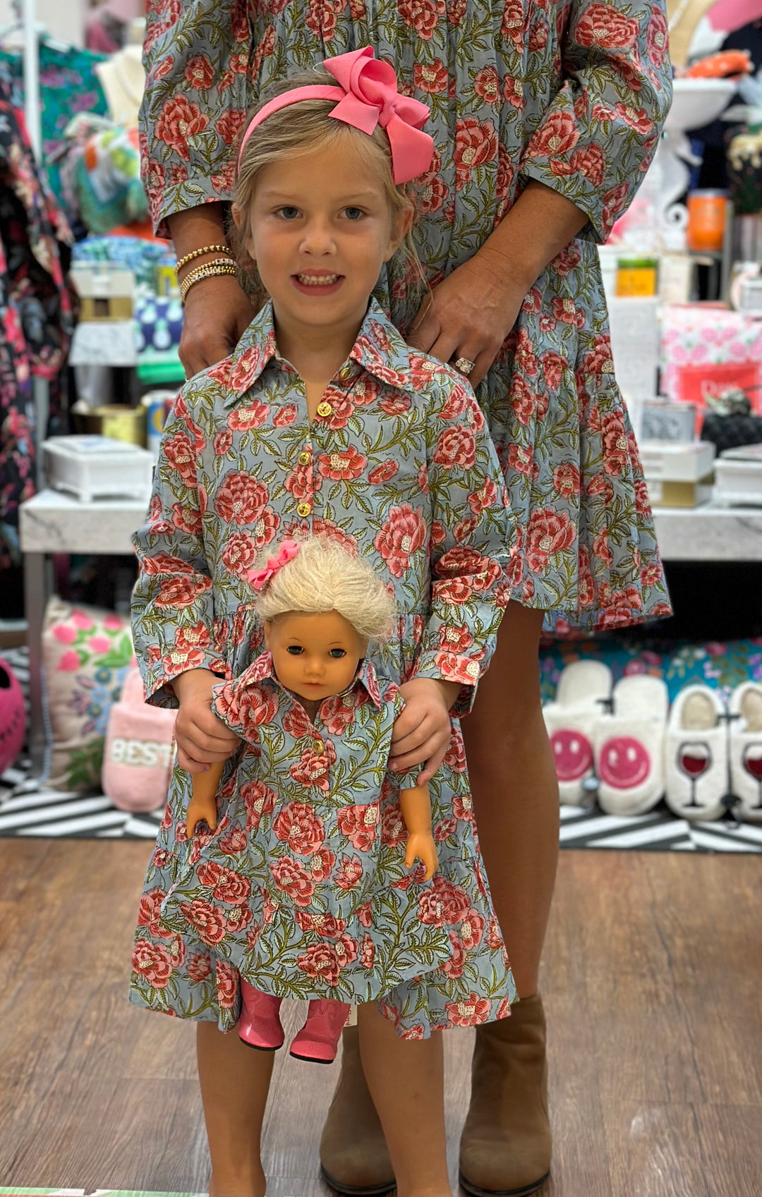The Nicolette Girls dress in Blue and Pink Floral Block Print Liza Byrd The Nicolette Girls dress in Blue and Pink Floral Block Print Liza Byrd
