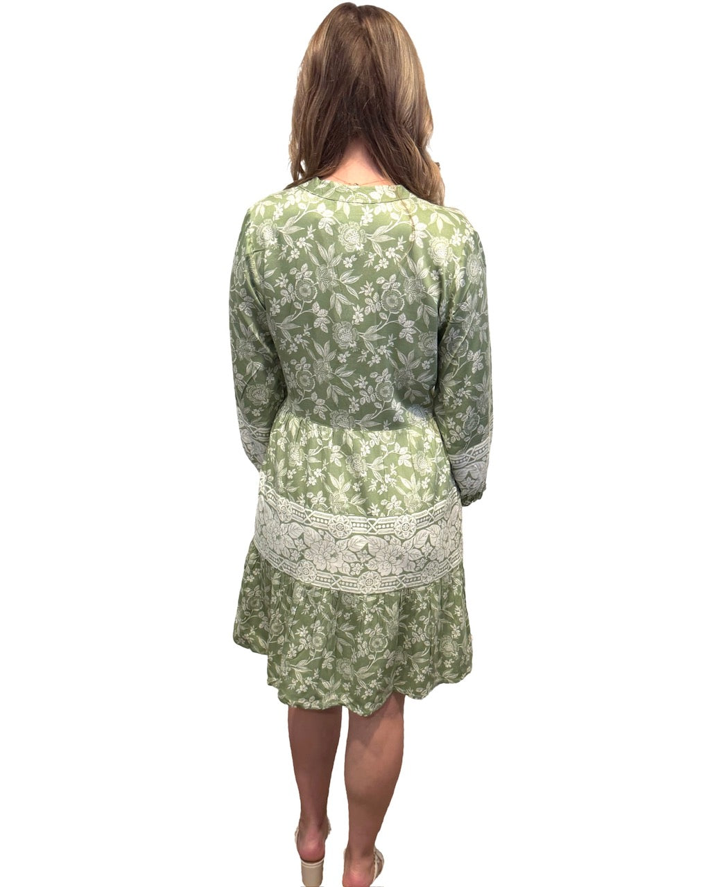 The Alexa Border Print Dress in Sage Green — view 5