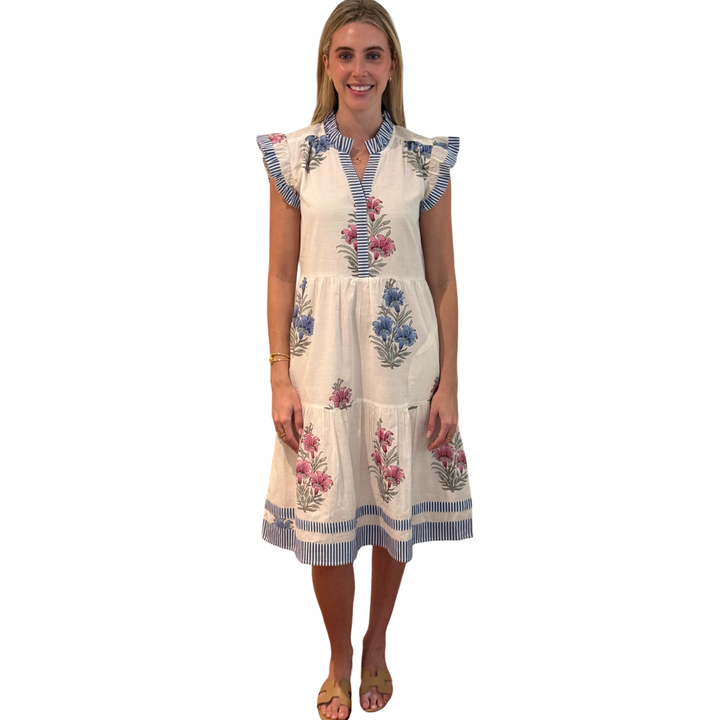 The Campbell Striped Trim Hand-Blocked Floral Midi Dress — view 4