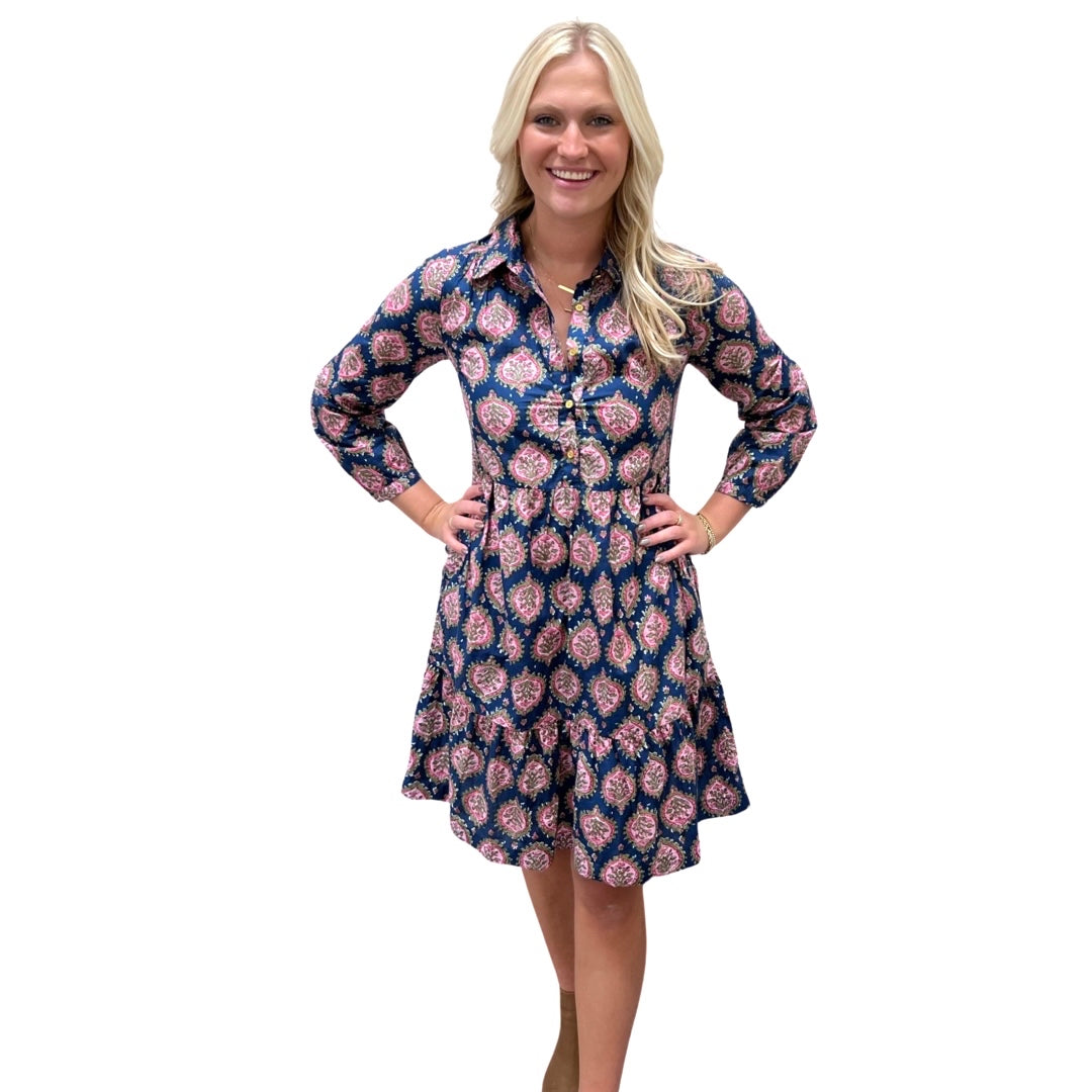 The Kalie Floral Block Print Dress in Blue and Pink