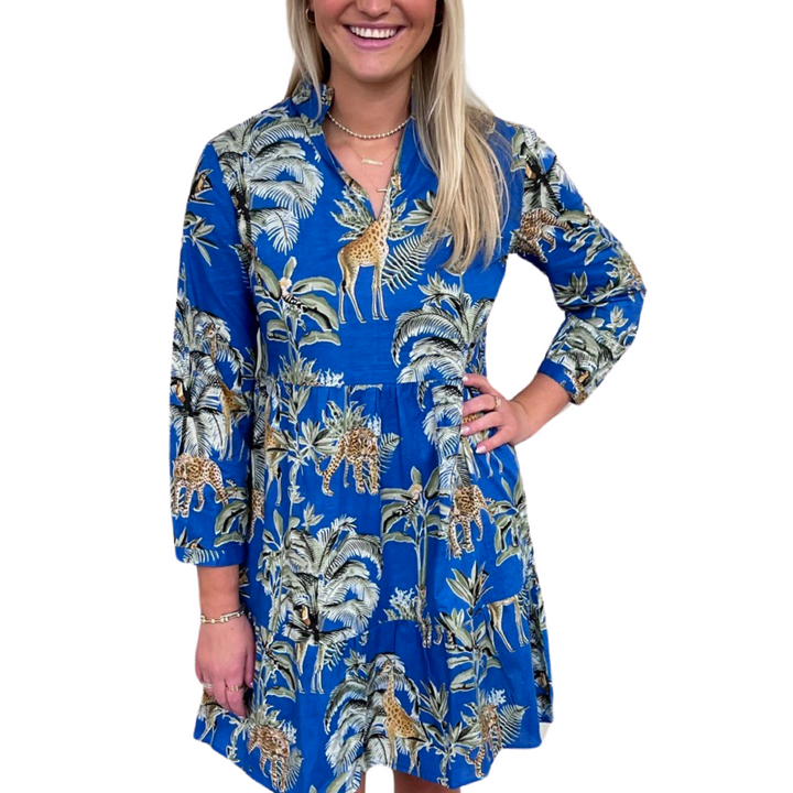 The Marnie Cotton Jungle Print Dress in Brilliant Blue — view 5