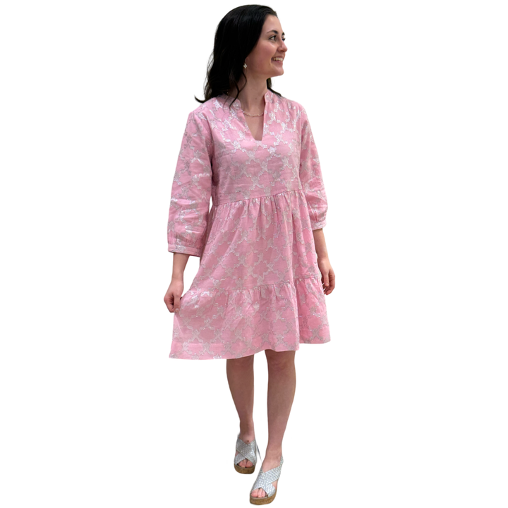 The Preston Metalic Jaquard Dress in Soft Pink and Silver — view 4