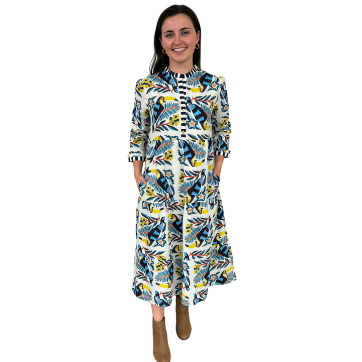The Penny Toucan Print Midi Dress with Striped Trim
