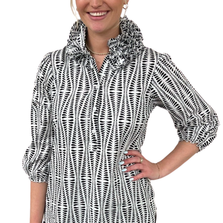 The Maria Ruffle Neck Top in White and Black Splatter Print — view 4