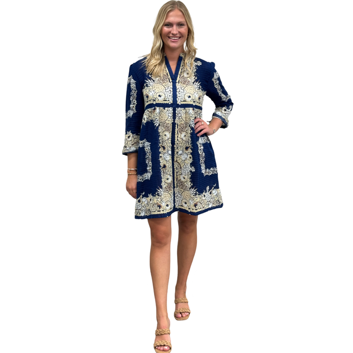The Addison Border Print Dress in Navy and Beige — view 6
