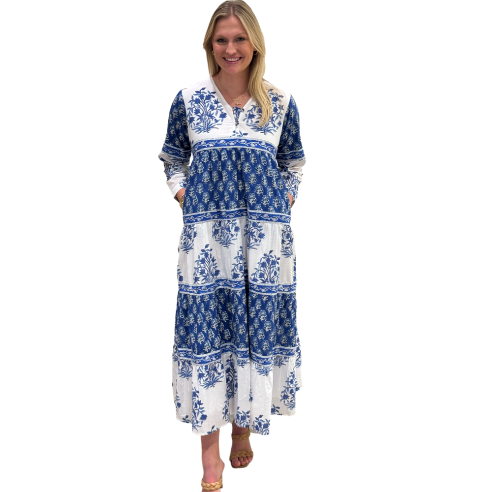 The Frances Hand Block Printed Floral Dress in Blue White — view 2