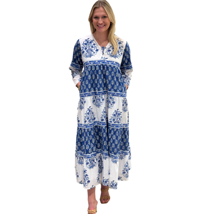 The Frances Hand Block Printed Floral Dress in Blue White — view 2