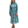 The Marion Hand Block Printed Button Front Dress in Green and Blue Floral