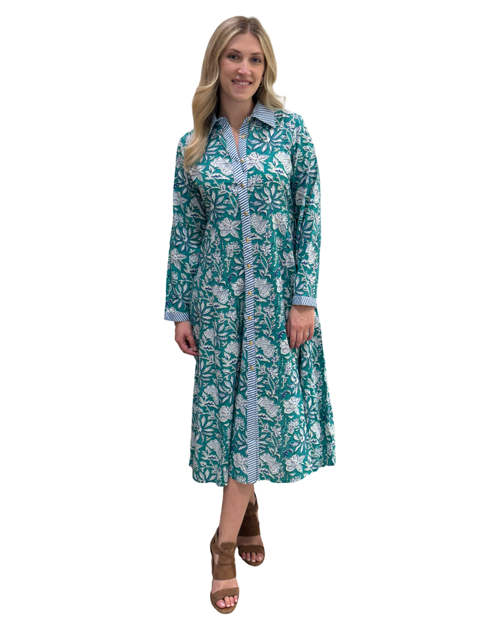 The Marion Hand Block Printed Button Front Dress in Green and Blue Floral