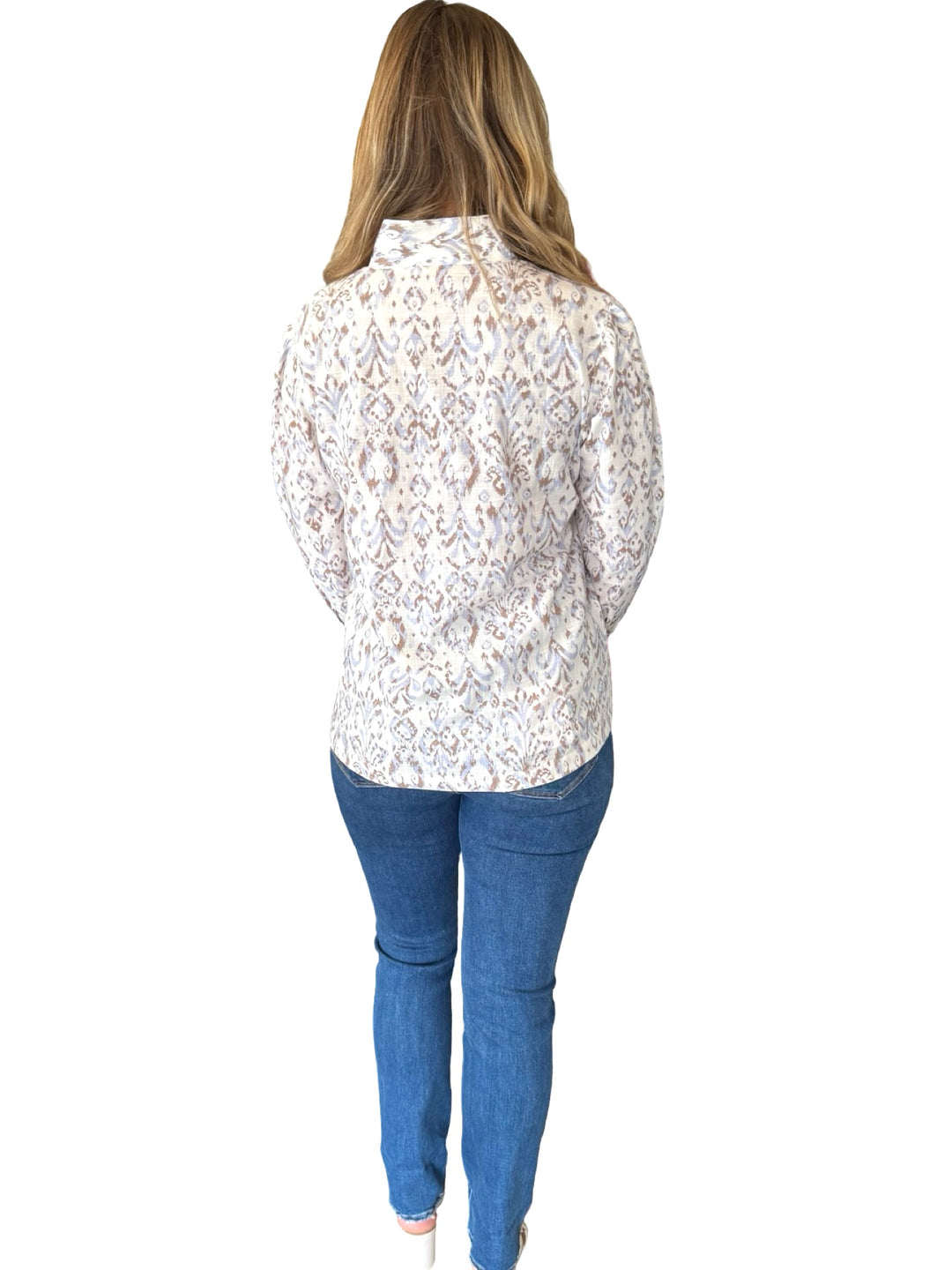 The Shipley Stand-Up Collar Top in Off White Blue and Brown Cotton Print — view 5