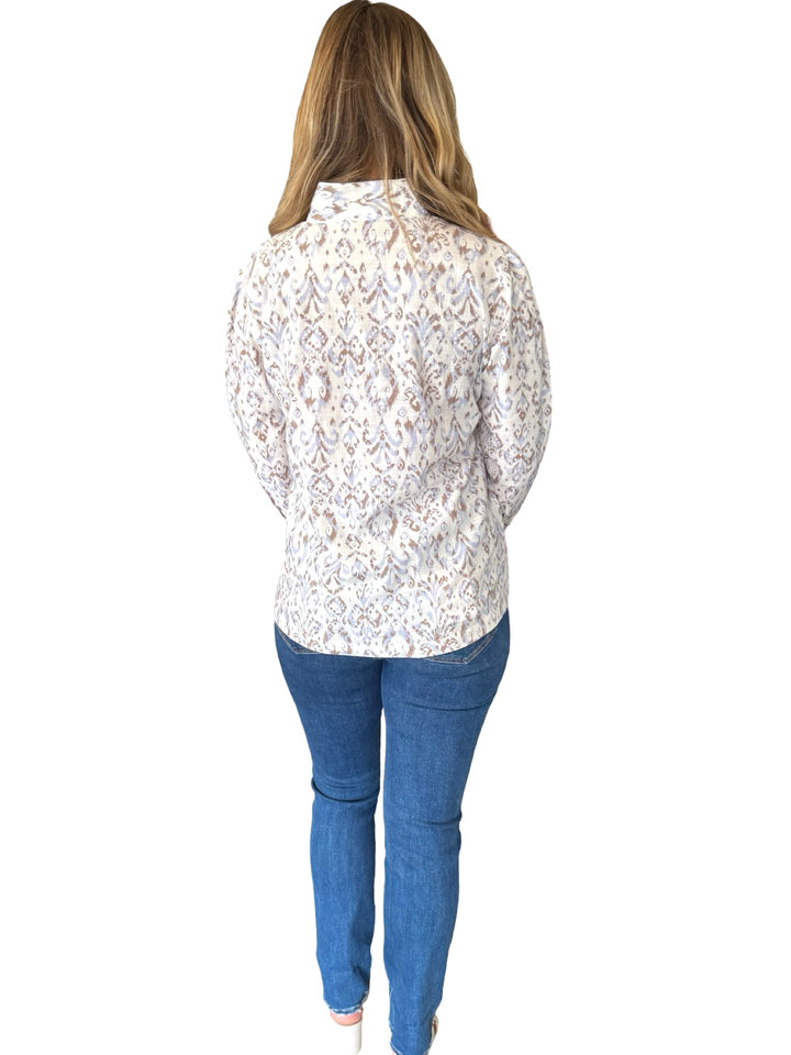 The Shipley Stand-Up Collar Top in Off White Blue and Brown Cotton Print — view 5