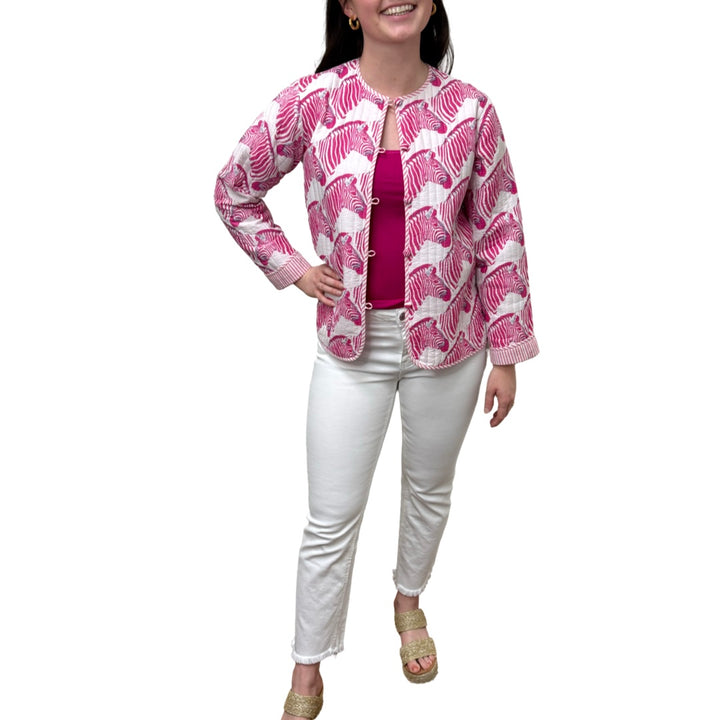 Show Your Stripes Madeline Quilted Cotton Reversible Pink and White Zebra Print Jacket — view 6