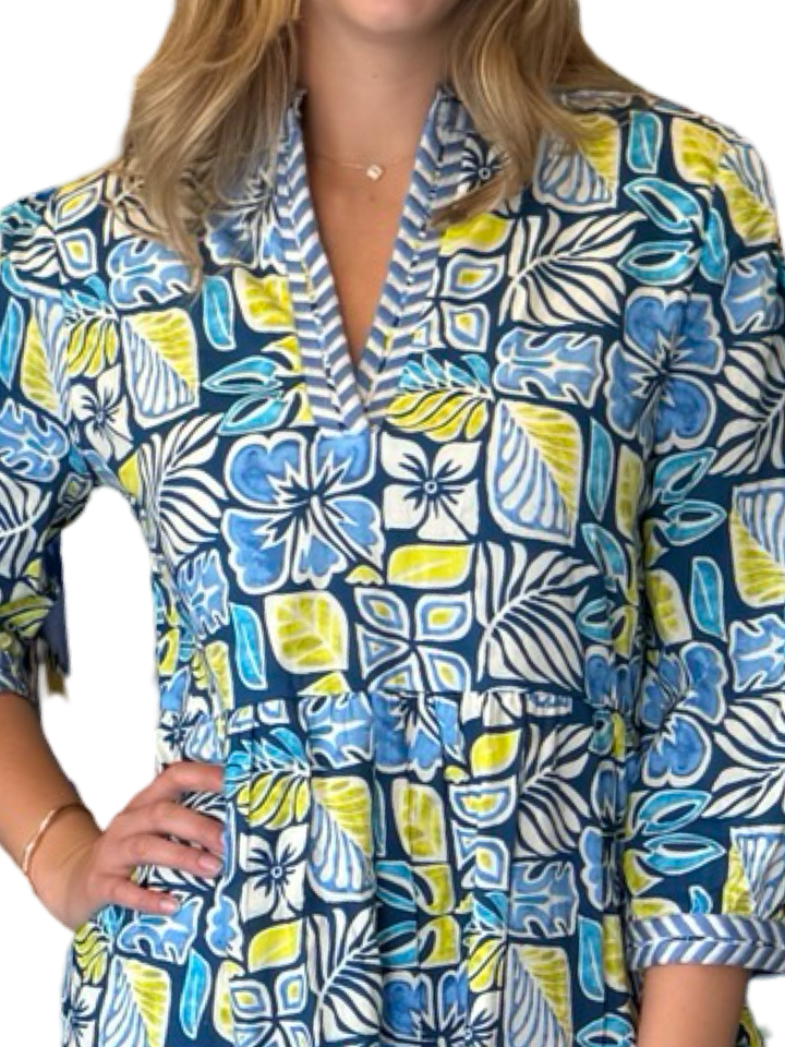 The Daniella Embroidered Trim 3/4 Sleeve Dress in Blue Green Multi — view 6