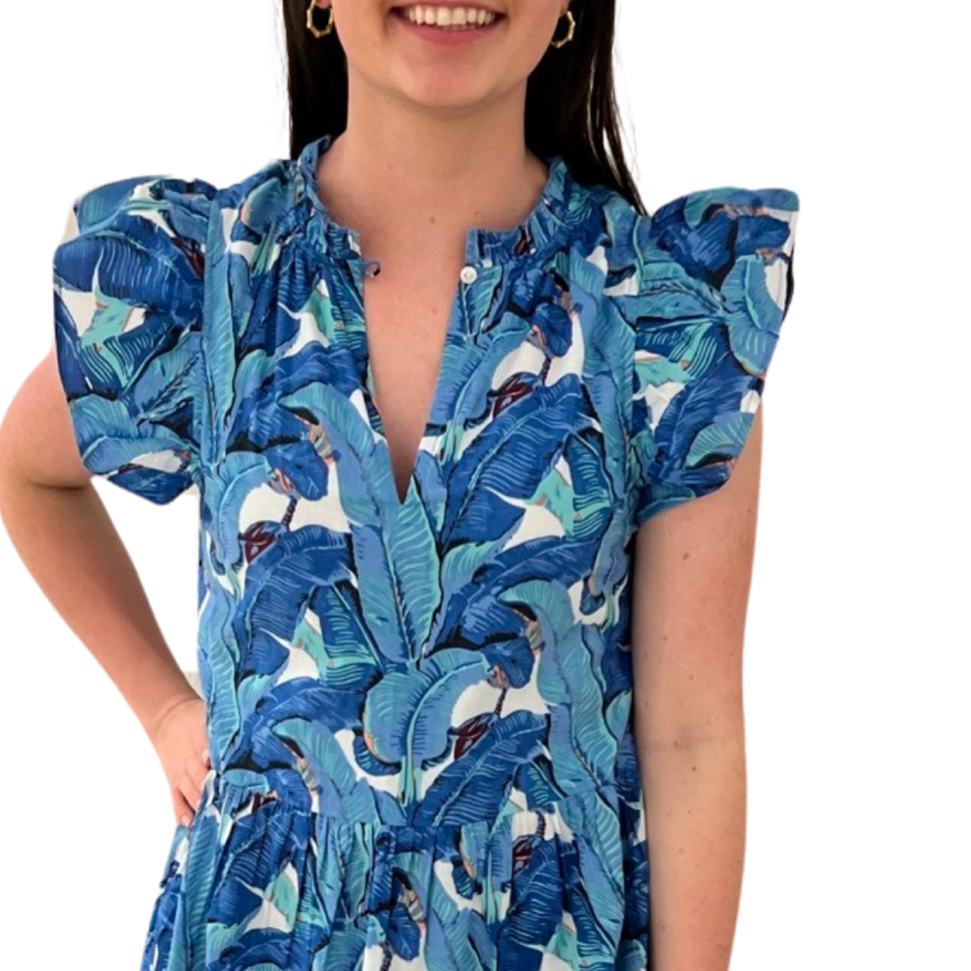 The Tinley Long Length Dress in Blue Palm Leaf Block Print — view 6