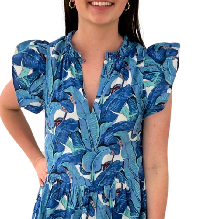 The Tinley Long Length Dress in Blue Palm Leaf Block Print — view 6