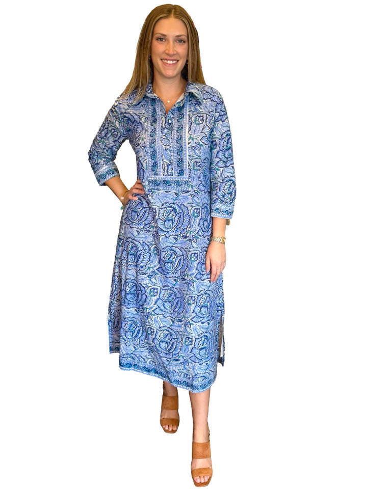 The Annika Long Length Dress in Blue Hand Block Printed Floral