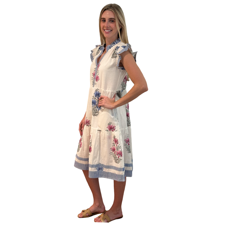 The Campbell Striped Trim Hand-Blocked Floral Midi Dress — view 3
