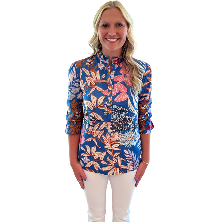 The Eleanor Button Placket Top in Brilliant Blue Floral — view 4